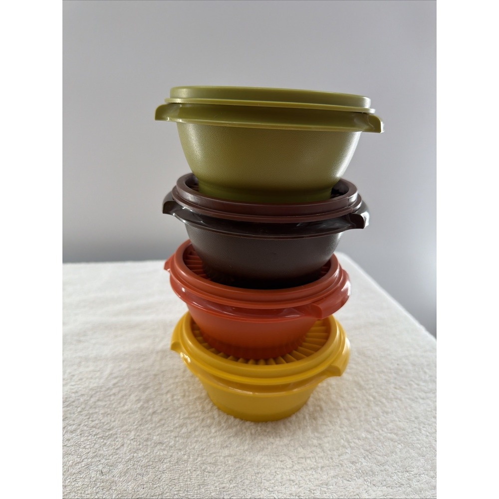 Tupperware Servalier Bowl Lid Set 1323 Harvest Orange Green Yellow Brown Retro *